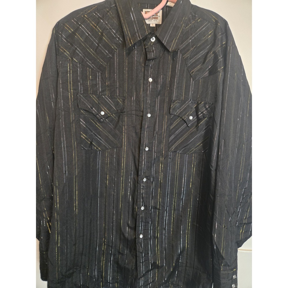 Vintage Y2k Ely Cattleman Lg  Black & Metallic Stripe Pearl Snap Western Shirt